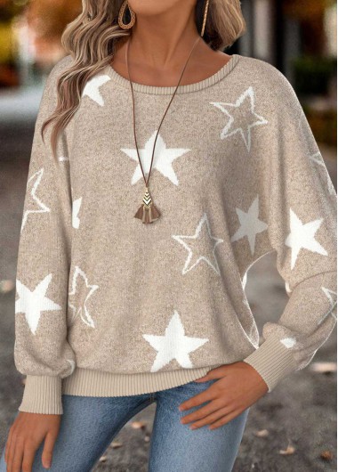 Modlily Light Camel Tummy Coverage Star Print T Shirt - L