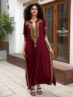 Women's Ethnic Pattern Embroidery Notched Neck Split Hem Kaftan Dress, Chic Casual Batwing Sleeve Long Dress for Daily Wear, ...