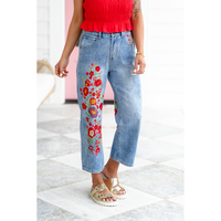 Wildflower Drive Mineral Wash Relaxed Fit Denim Jeans with Floral Embroidery Detail