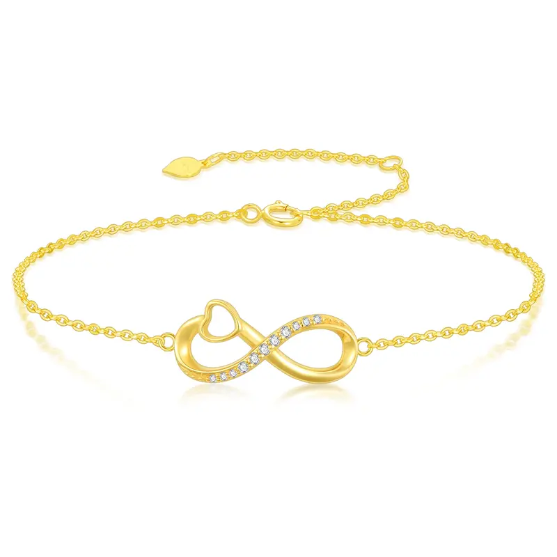 14K Gold Cubic Zirconia Heart & Infinity Symbol Charm Bracelet