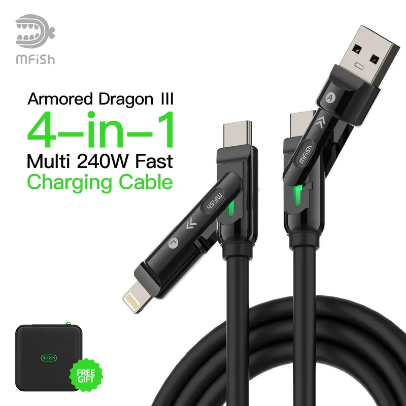 MFish Armored Dragon III 4-in-1 Multi 240W Max Fast Charging Cable with USB A Type C Lightning for iPhone 17& Samsung Laptops...