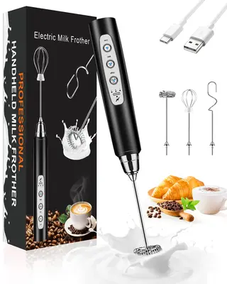 Rechargeable Milk Frother, Handheld Coffee Mixer with 3 Whisk Heads & 3 Speeds, Electric Milk Bubbler, Detachable Stainless S...