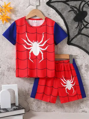Two-Piece Set Junior Boy's Spider Print Short Sleeve Tee & Colorblock Shorts, Casual Round Neck T-shirt & Shorts for Summer, ...