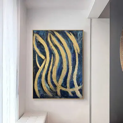 Large Abstract Blue And Gold Paintings On Canvas Original Handmade Artwork Gold Leaf Art Rich Textured Painting | HOAX