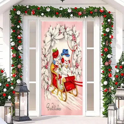 Pink White Cute Snowman Sled Christmas Door Cover - Aperturee