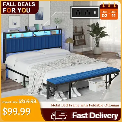 [TikTokShopfalldealsforyou] AMERLIFE Bed Frame with Foldable Ottoman, Velvet Upholstered Headboard with Bench, LED Lights, Ch...