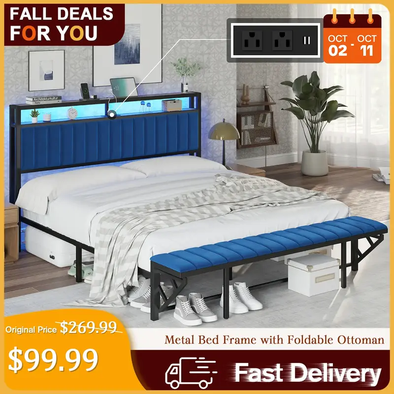 [TikTokShopfalldealsforyou] AMERLIFE Bed Frame with Foldable Ottoman, Velvet Upholstered Headboard with Bench, LED Lights, Ch...