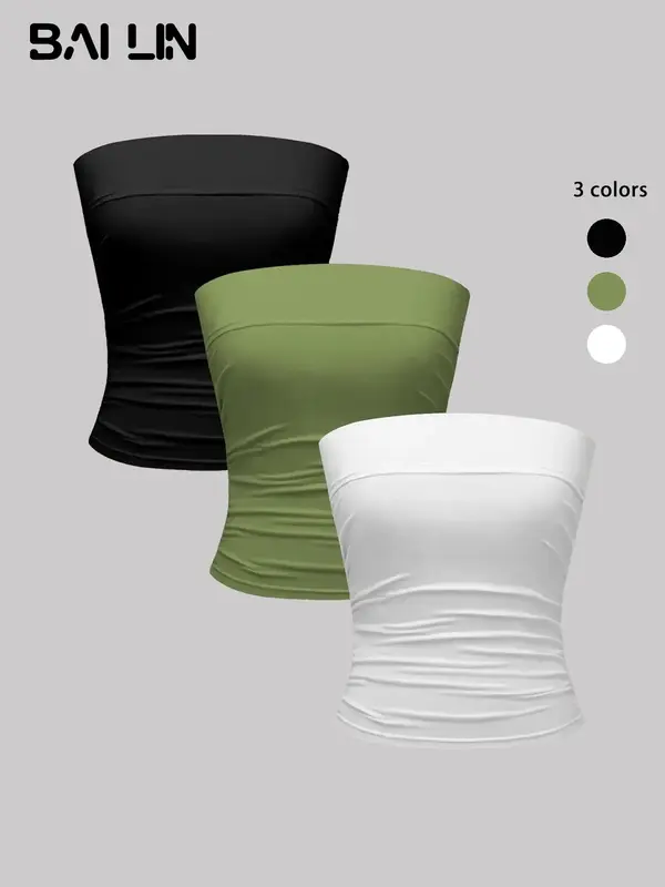 Women's Solid Ruched Crop Tube Top, Fall Outfits, Casual Sleeveless Strapless Top, White Tube Top, Ladies Clothes for Daily W...