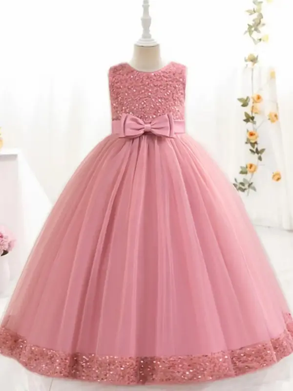 Girl's Bow Decor Contrast Mesh Sequin Dress, Elegant Sleeveless Zipper Back Party Gown, Kids Clothes for All Seasons