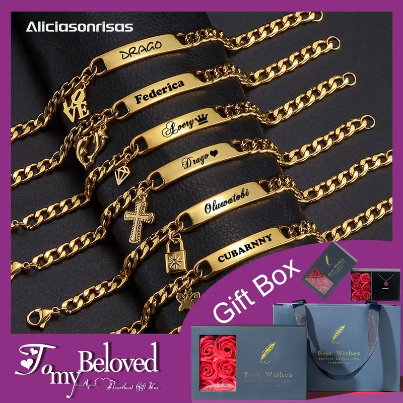 HZB02 Customized Can Carve Writing Simple Fashion Double and Half Love Puzzle Bracelet Couple Stainless Steel Bracelet Person...