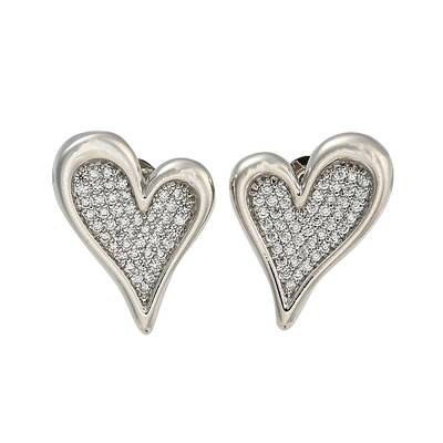 Heart Brass Pave Clear Cubic Zirconia Stud Earrings for Women