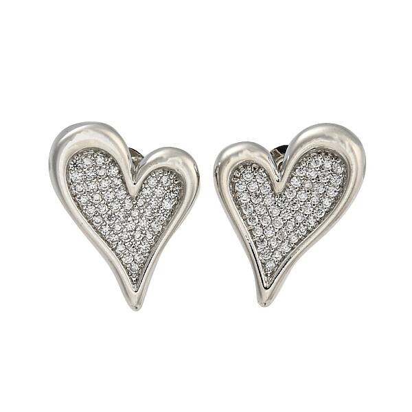 Heart Brass Pave Clear Cubic Zirconia Stud Earrings for Women