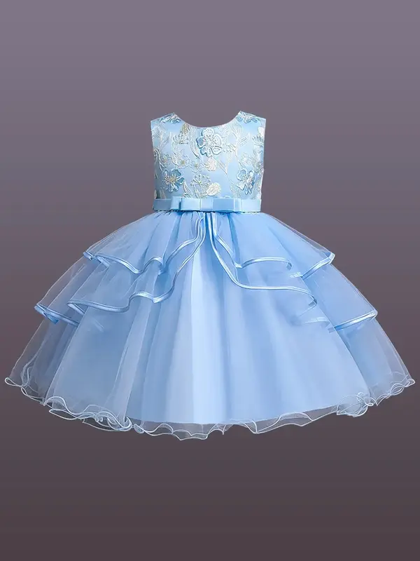 Kids Floral Embroidery Bow Front Tiered Layer Tulle Dress, Elegant Sleeveless Round Neck Midi Dress for Party Wedding Guest, ...