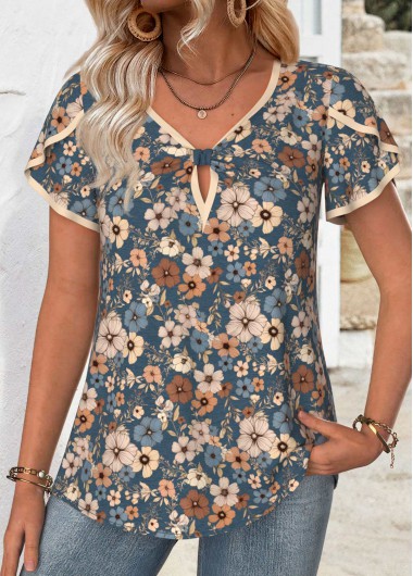Modlily Multi Color Floral Print Short Sleeve V Neck Blouse - XL
