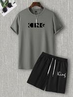 Men's Letter Print Short Sleeve Crewneck Tee & Drawstring Waist Shorts Set, Regular Fit Casual Comfy Round Neck T-shirt & Poc...