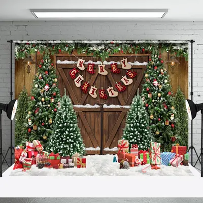 Aperturee Festive Christmas Scene Decorated Door Snow Backdrop