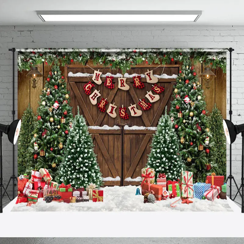 Aperturee Festive Christmas Scene Decorated Door Snow Backdrop