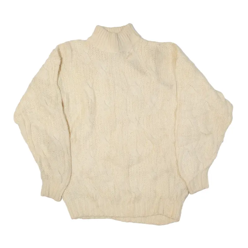 CRAZY HORSE Handknit Aran Jumper Cream Chunky Knit Wool High Neck Womens L