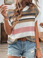 Women's Striped Crew Neck Sweater, Casual Short Sleeve Jumper for Daily Wear, Ladies Knitwear for All Seasons, Tops, Womenswe...