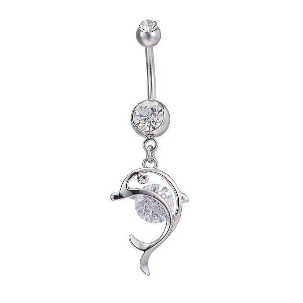 Piercing Jewelry Real Platinum Plated Brass Rhinestone Dolphin Navel Ring Belly Rings