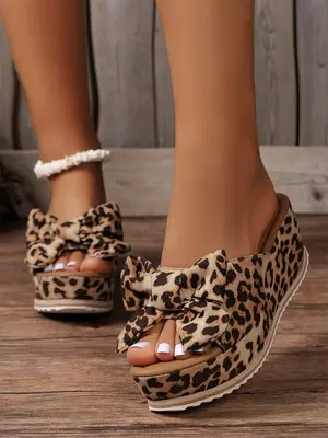Women's Cute Bow Decor Leopard Print Wedge Sandals, Casual Trendy Slip on Wedge Popular 2024 Summer Sandals, Fashionable Shoe...