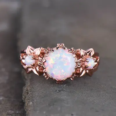 Unique Australian Opal Engagement Ring Three Stone Floral Bridal
