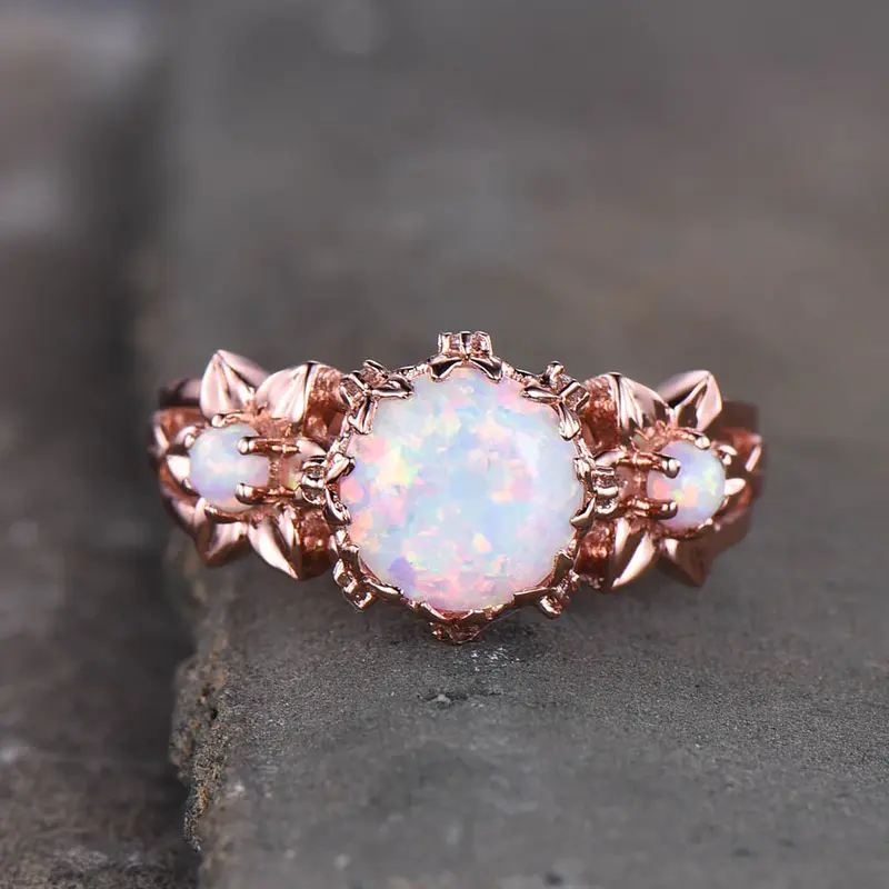 Unique Australian Opal Engagement Ring Three Stone Floral Bridal