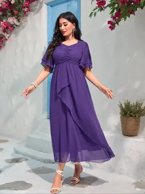 Women's Plain V Neck Ruffle Trim Chiffon Dress, Elegant Bishop Sleeve Long Dress for Party Holiday Wedding Guest, Ladies Clot...