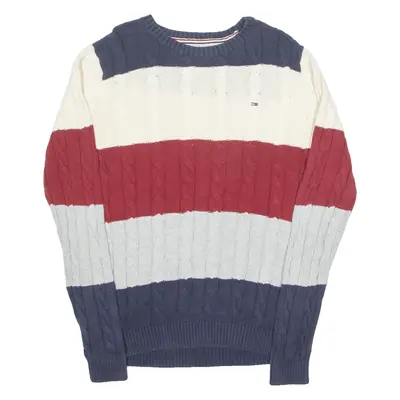 TOMMY HILFIGER Mens Patterned Jumper Blue Striped Cable Knit S