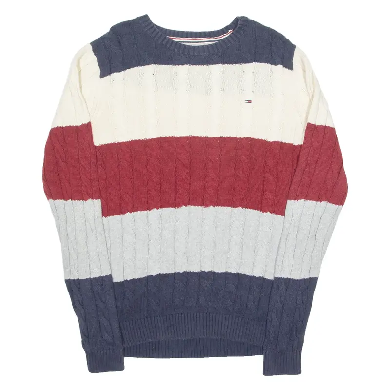TOMMY HILFIGER Mens Patterned Jumper Blue Striped Cable Knit S