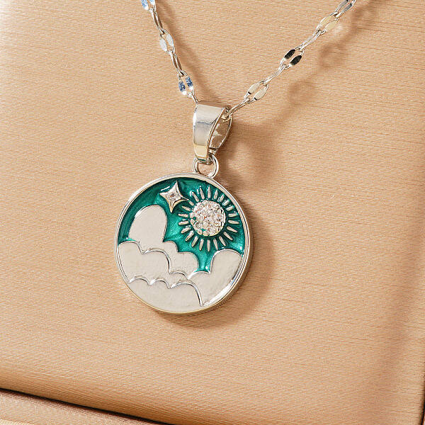 Brass Green Enamel 3D Flat Round Sky Sun Pendant Necklaces