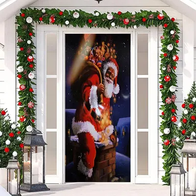 Chimney Santa Claus Roof Night Christmas Door Cover - Aperturee