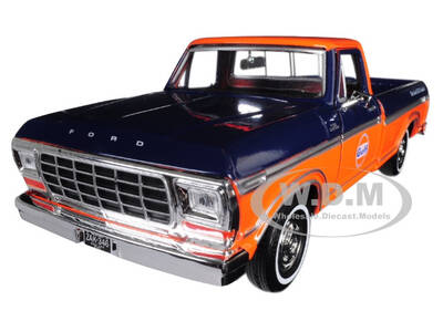 1979 Ford F-150 Custom Pickup Truck Gulf Dark Blue and Orange 1/24 Diecast Model Car by Motormax