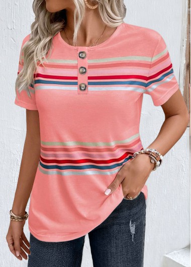Modlily Pink Striped Short Sleeve Round Neck T Shirt - XXL