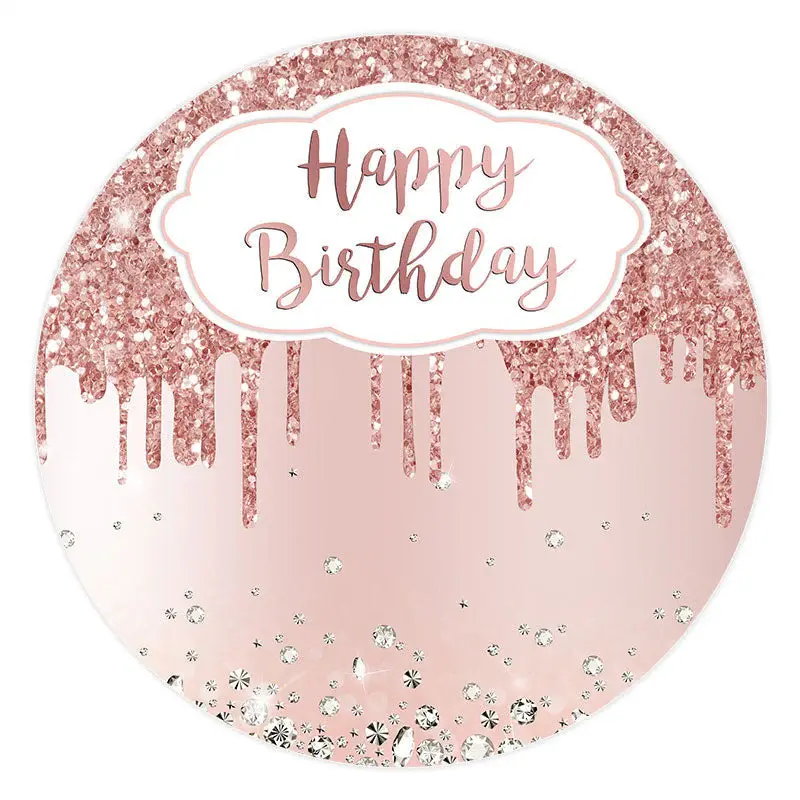 Aperturee Pink Glitter Silver Diamonds Round Happy Birthday Backdrop | Circle Birthday Backdrop Cover | Round Backdrop | Birt...