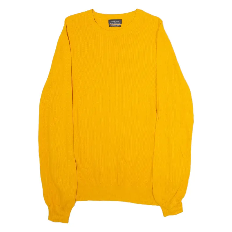 ZARA Mens Jumper Yellow Crew Neck Waffle Knit Silk L