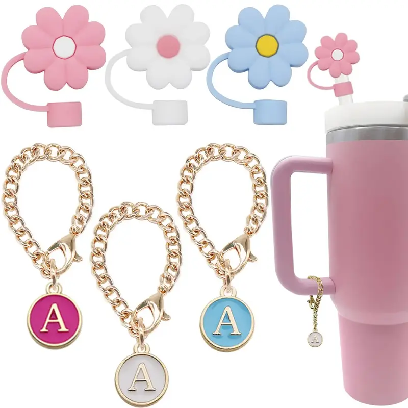 Drinkware Accessories, Including 3 Letter Charm & 3 Straw Cover, Reusable Straw Lid Protector for 30 & 40oz Tumbler Cups Wate...