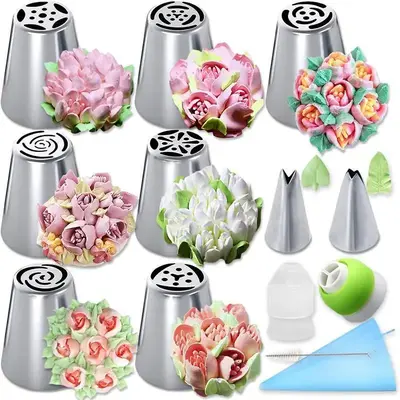 Cake Decorating Tool Set, 13pcs Cake Decorating Nozzle Set, Including Piping Nozzle, Piping Bag, Coupler & Cleaning Brush, Ca...