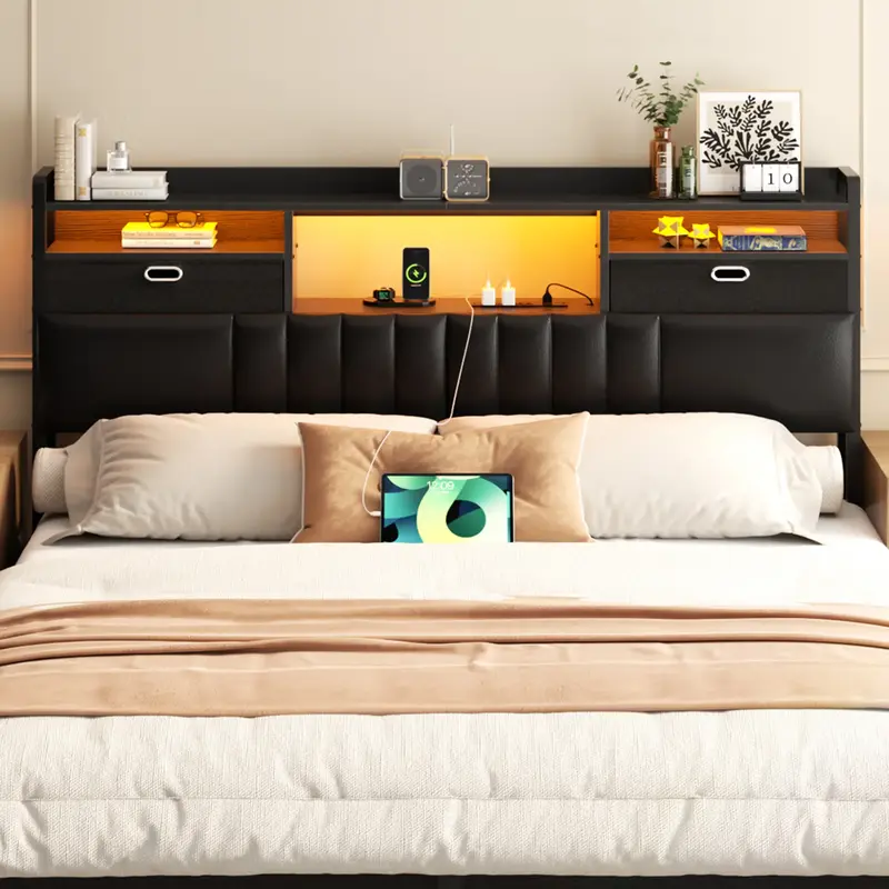 Upholstered Headboard with Charging Station and RGB LED Light,Wooden Headboard with 2 Fabric Drawer and Bookcase for King/Que...