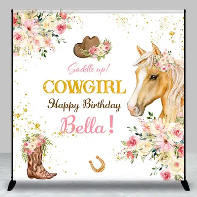 Custom Name Floral Cowgirl Horse Birthday Backdrop