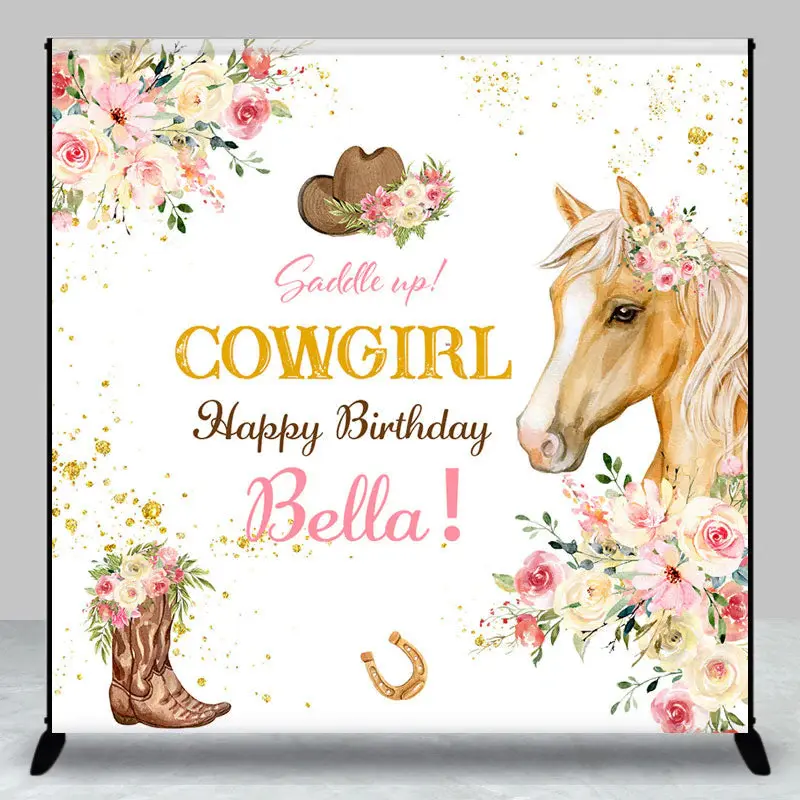 Custom Name Floral Cowgirl Horse Birthday Backdrop