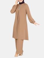 Women's Plain Contrast Sequin Bishop Sleeve Round Neck Tunic Top & Wide Leg Pants Islamic Set, Chic Modesty Casual Long Sleev...