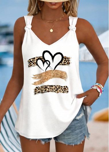 Modlily White Tie Leopard Strappy V Neck Tank Top - XL