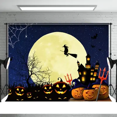 Pumpkin Moon Bat Gloomy Castle Witch Halloween Backdrop - Aperturee