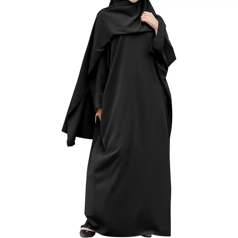 Women's Solid Muslim Prayer Dress Abayas with Hijab - Full Length Black One Size