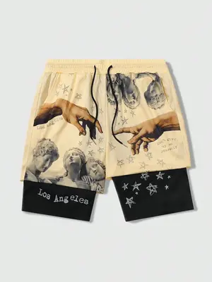 Men's Star & Letter Print 2 in 1 Drawstring Waist Shorts, Regular Fit Casual Pocket Track Shorts for Summer, Fashion Men's Bo...