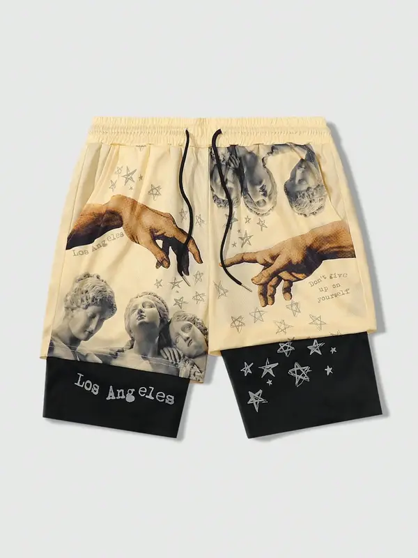 Men's Star & Letter Print 2 in 1 Drawstring Waist Shorts, Regular Fit Casual Pocket Track Shorts for Summer, Fashion Men's Bo...