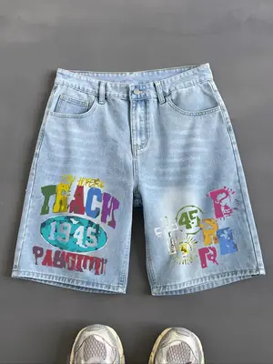 Men's Colorblock Letter Print Denim Shorts, Loose Casual Fashion Paint Splatter Shorts for Summer, Men's Bottoms for Daily We...