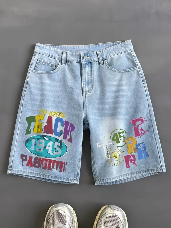 Men's Colorblock Letter Print Denim Shorts, Loose Casual Fashion Paint Splatter Shorts for Summer, Men's Bottoms for Daily We...