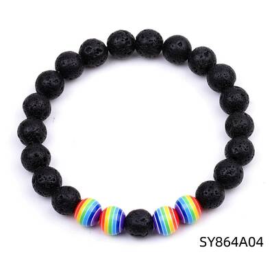 Natural Lava Rock & Glass Round Beaded Stretch Bracelet